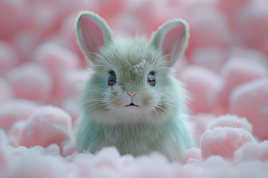 粉球云朵床上的绿兔子图片