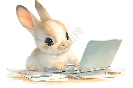女生用电脑学习用电脑工作的兔子插画