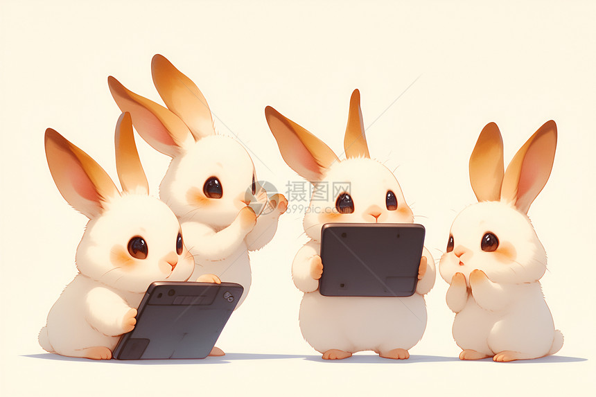 可爱的兔子拿着平板电脑图片