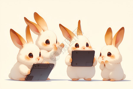 可爱的兔子拿着平板电脑背景图片