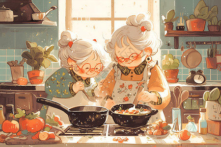 烹饪女性两位可爱的老年女士共同烹饪插画