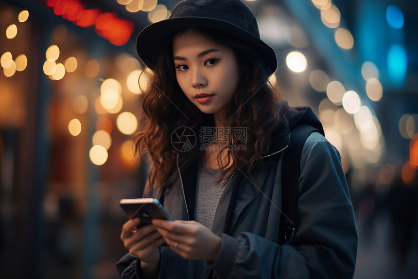 街道中玩手机的女子图片