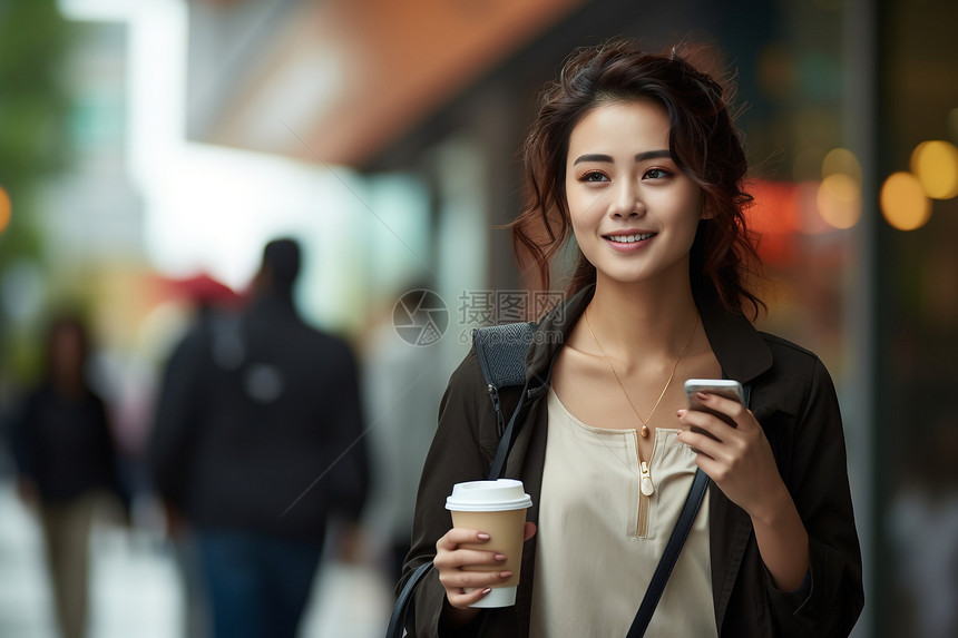 走在街上拿咖啡的女子图片
