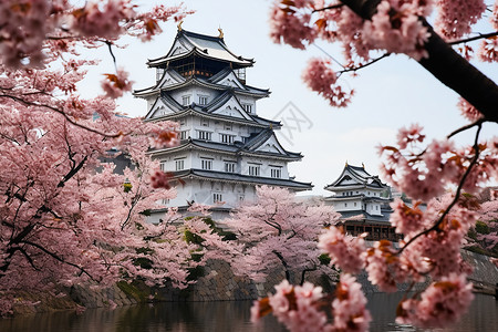 樱花前的日本城堡背景图片