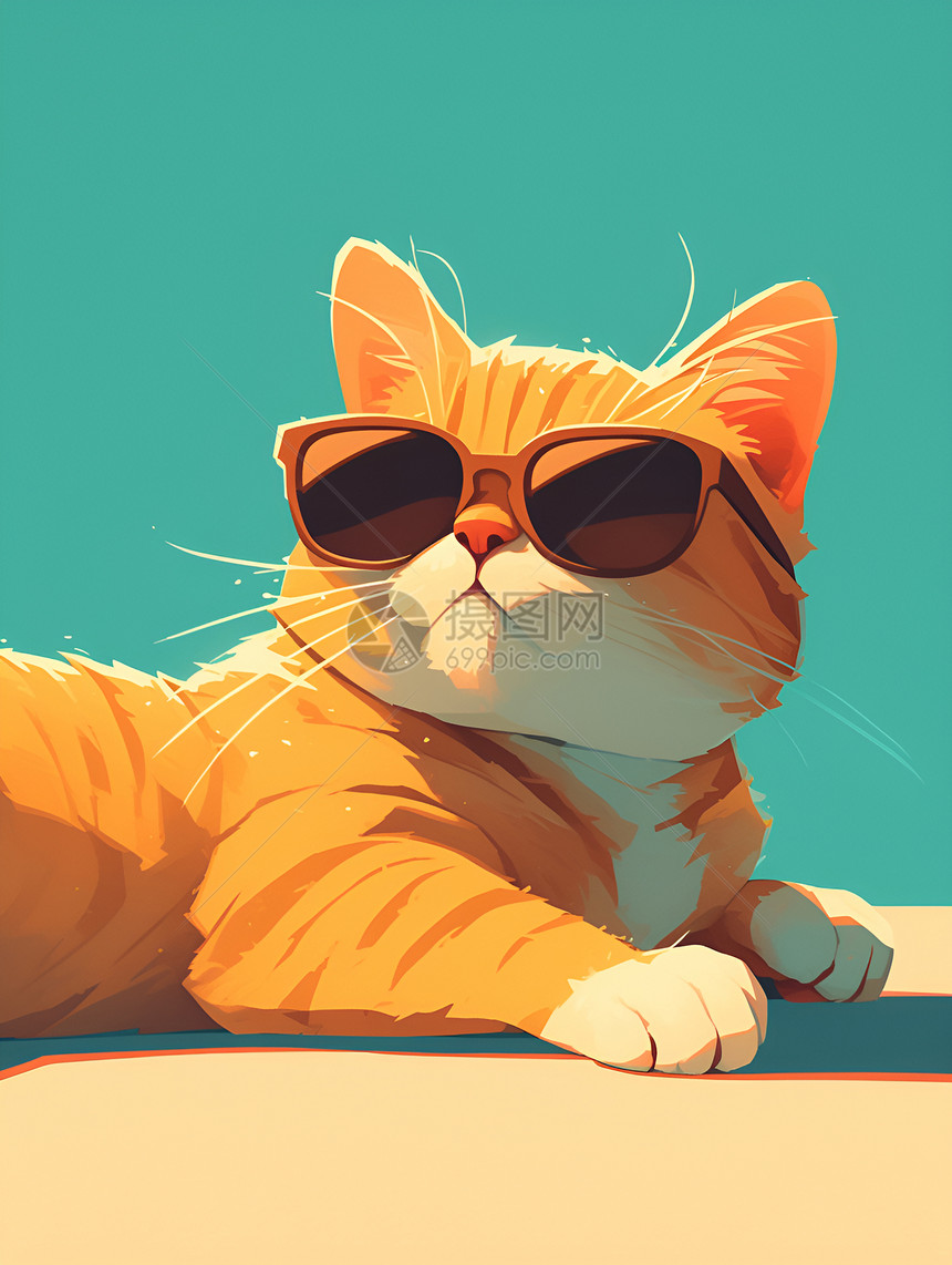 沙滩上一个戴着墨镜的猫咪图片