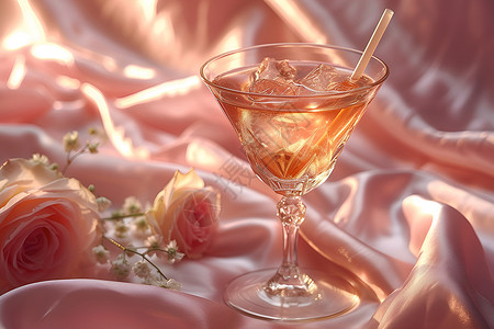 粉色饮品粉色丝绸上的鸡尾酒背景