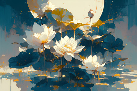 月亮下的莲花背景图片