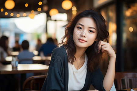 咖啡厅休息亚洲年轻女子在咖啡馆背景