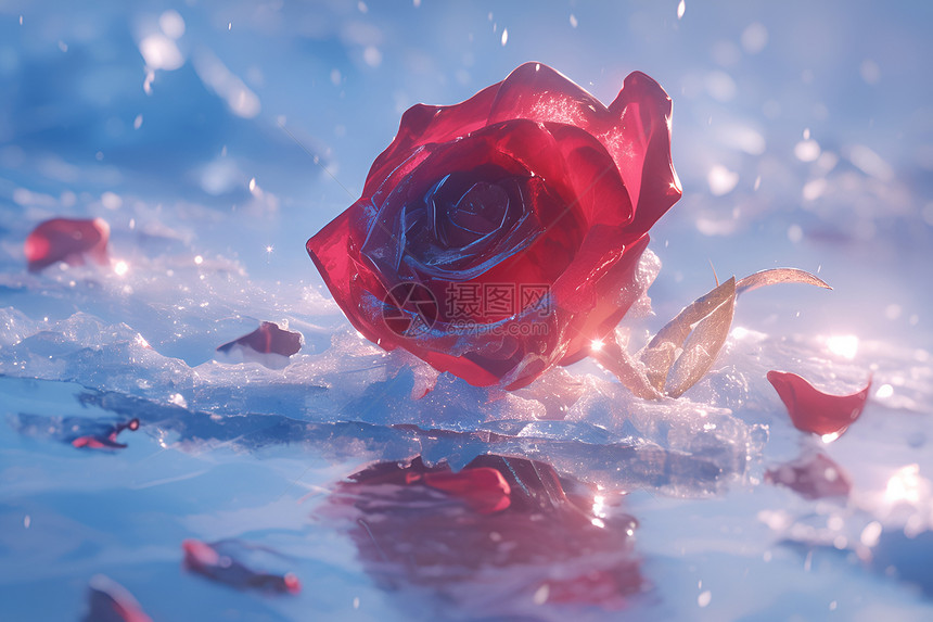 冰雪中的红玫瑰图片