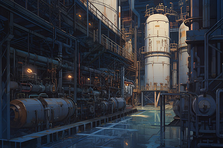 巨大工厂内部的气体储罐插画