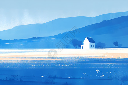 别墅蓝天湖边的小屋插画