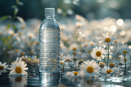 花朵中的矿泉水瓶子背景图片