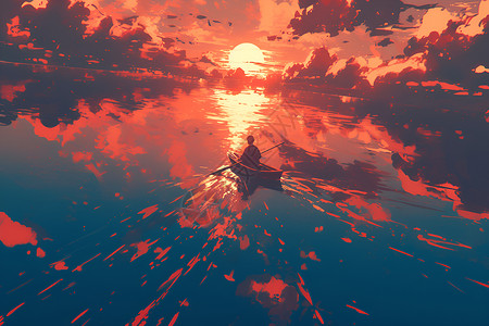 夕阳时划船的男孩背景图片