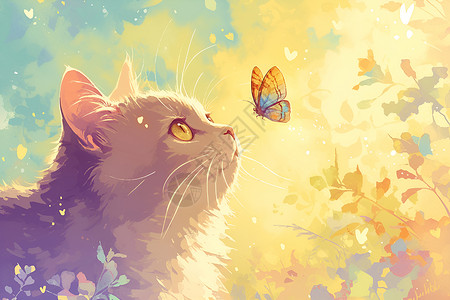 猫咪与梦幻蝴蝶背景图片