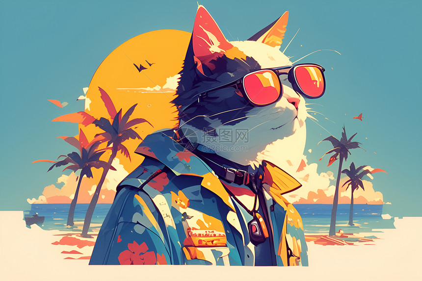 猫咪戴着墨镜在海滩上图片