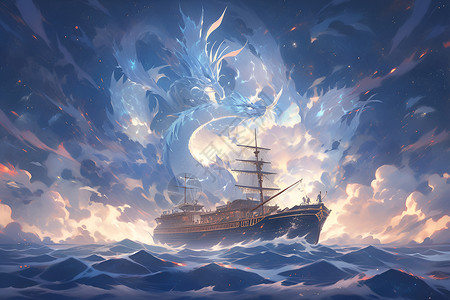 油画天使海洋上航行的船插画