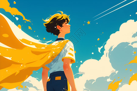 黄色斗篷少年在天空中站在云朵中头顶飘扬一只黄风筝高清图片