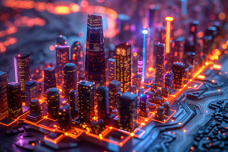 霓虹灯建筑科技城市插画