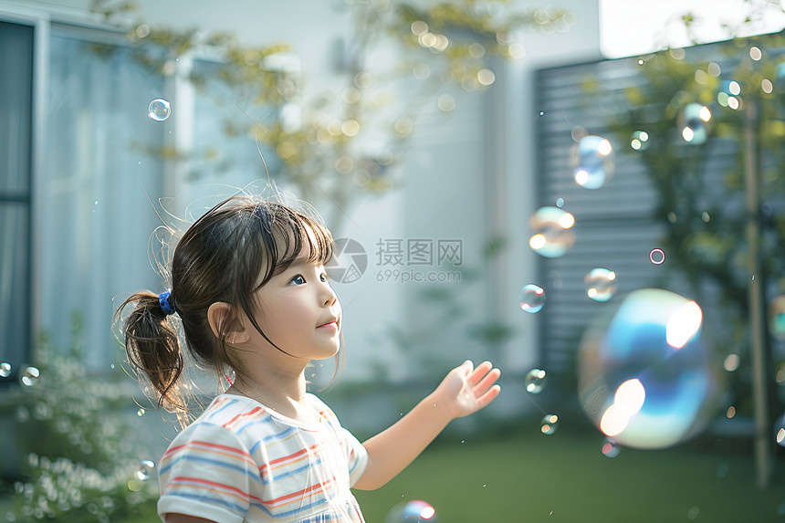 小女孩在院子里玩泡泡图片
