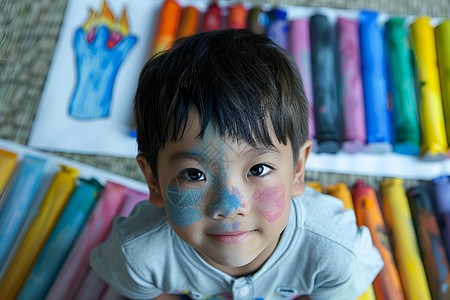 趣味艺术涂鸦色彩蜡笔前的男孩背景