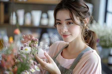 美丽花房花店里工作的小姐姐背景