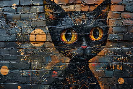 黑墙上的猫咪涂鸦背景图片