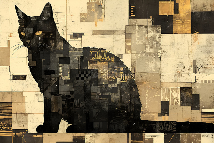 几何涂鸦的黑猫图片