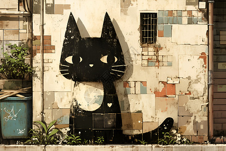 破旧墙壁卡通黑猫在城市砖墙上插画