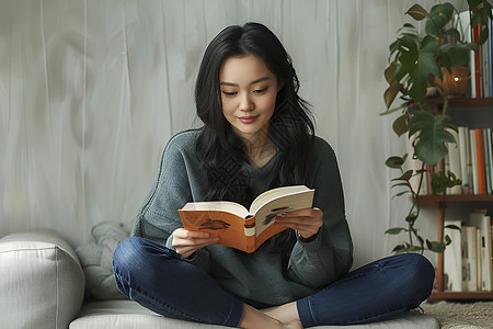 水墨读书少女女人在白色沙发上阅读背景