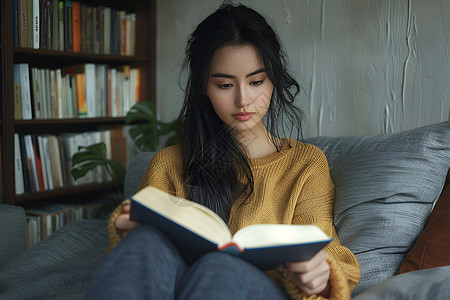 水墨读书少女女孩在书架旁静读背景