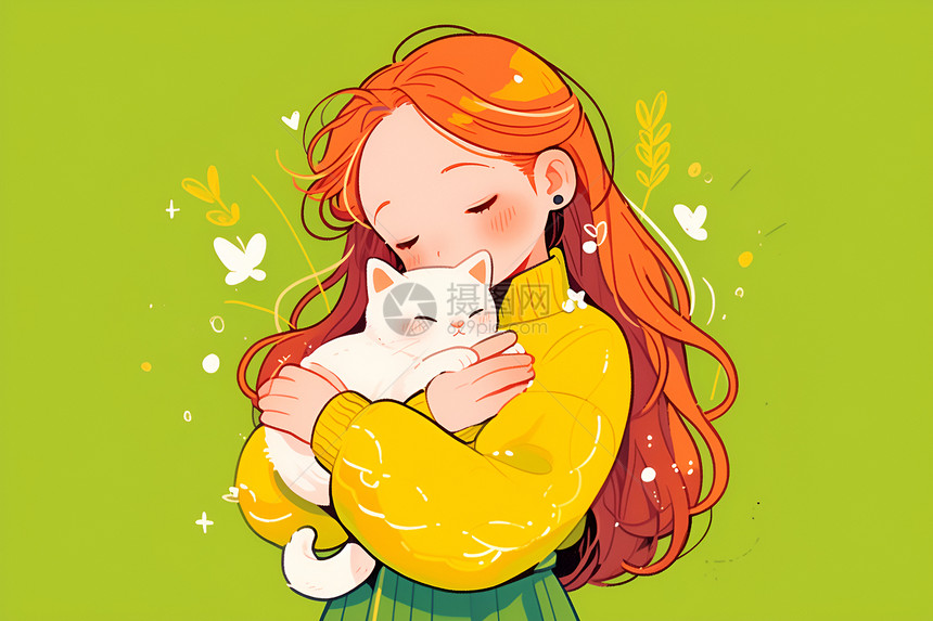 卡通少女抱着一只白色小猫图片