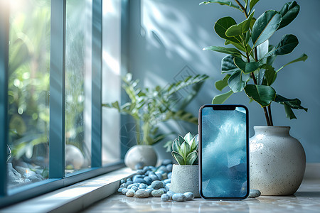 小盆栽壁纸窗边的手机和盆栽背景