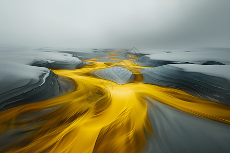 蓝黄色光影冰雪河流与黄色光影插画
