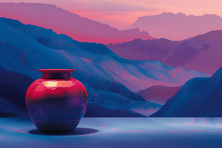 日落时分山脉下的一只深红色罐子背景图片
