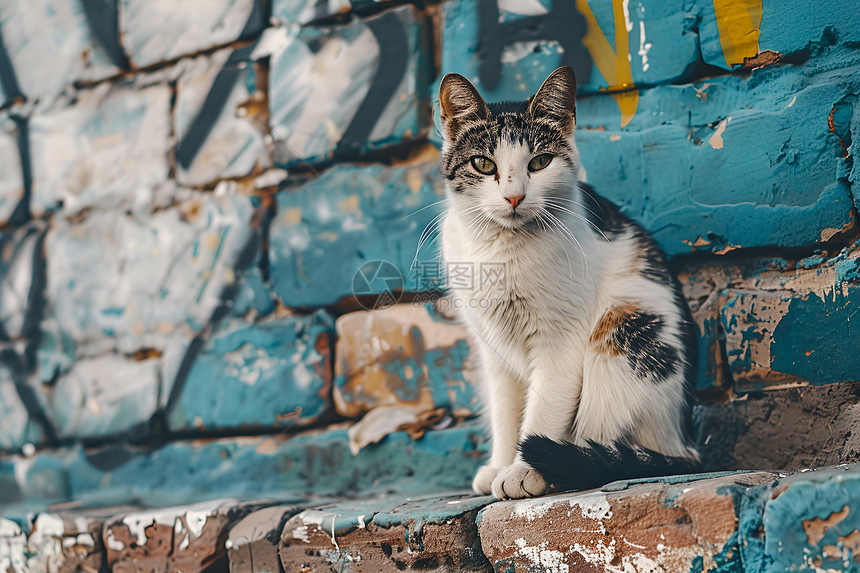 猫咪坐在蓝色墙壁前的窗台上旁边有涂鸦带有黄黑条纹卡洛斯·卡塔西动物摄影库存照片新构造主义图片