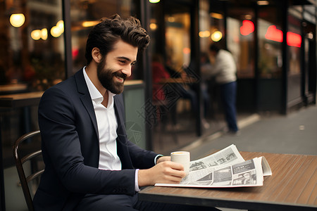 男子看报纸男子坐在露天咖啡店看报纸背景