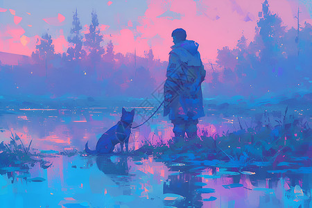 人在水中男子和他的狗站在水中插画