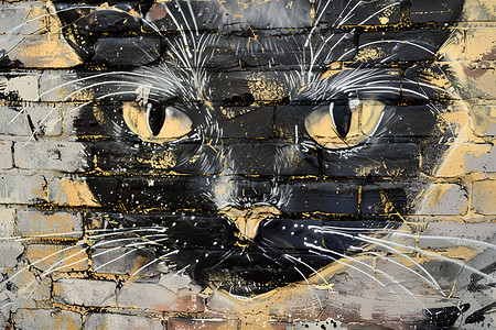 砖墙上的涂鸦猫头背景图片