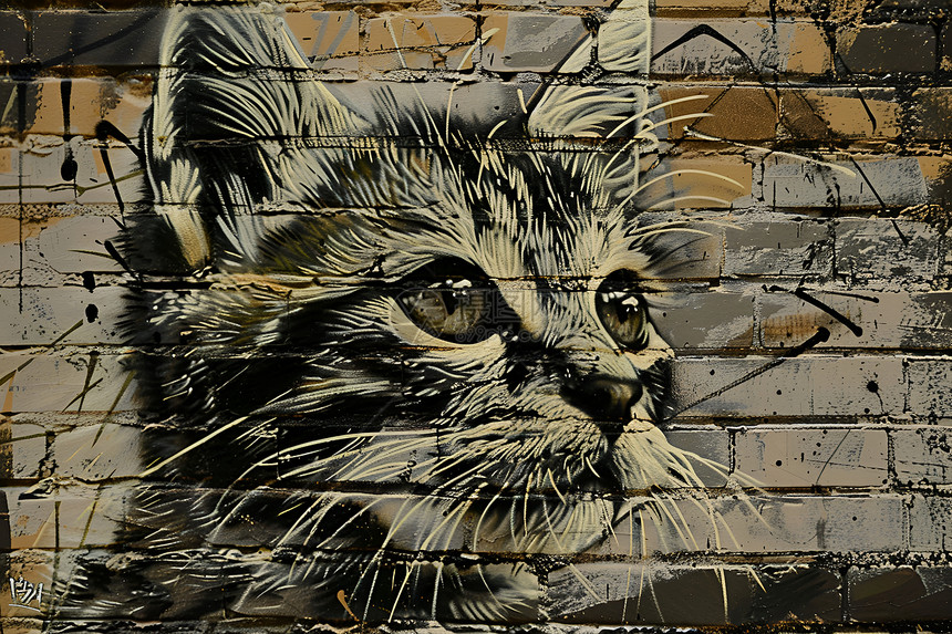 砖墙上的猫咪涂鸦图片
