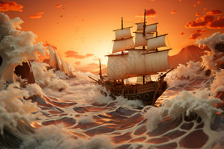海洋的帆船模型插画