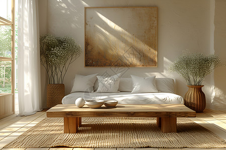 简约的白色沙发和木桌背景图片