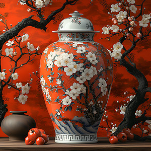 白色绘画的红色花瓶背景图片