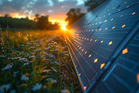 花草地中的太阳能板高清图片