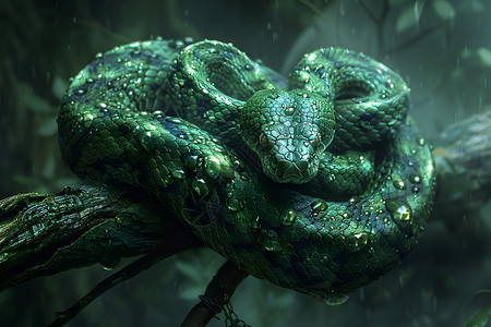 野生蛇枝干上的绿蛇插画