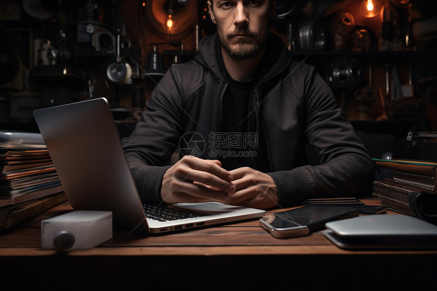 黑衣男子的电脑图片