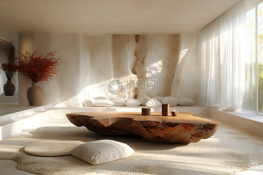 宽敞客厅中的原木茶桌图片