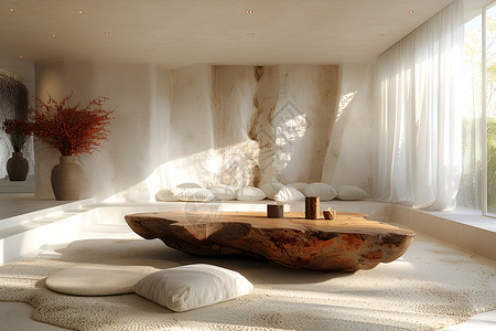 宽敞客厅中的原木茶桌背景图片