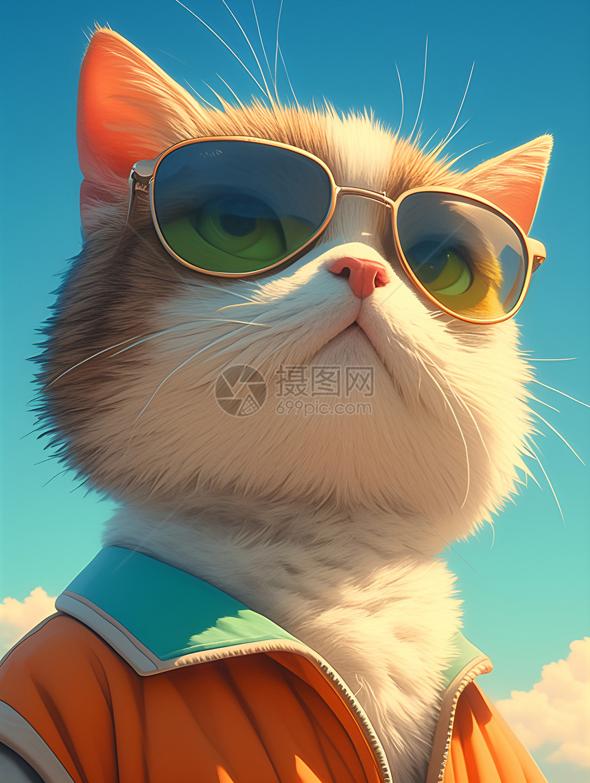 海滩猫咪戴着太阳镜图片