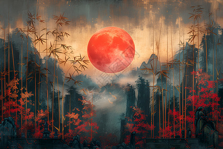 竹林中的红月插画