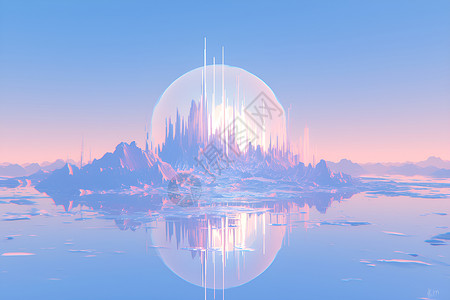 虚幻色彩椰子树水中央的水晶球插画